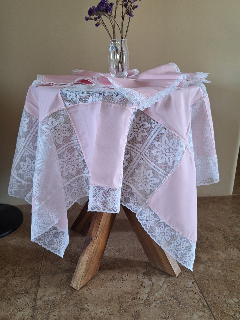 Lace and Blush Pink Patchwork Tablecloth 44 x 44